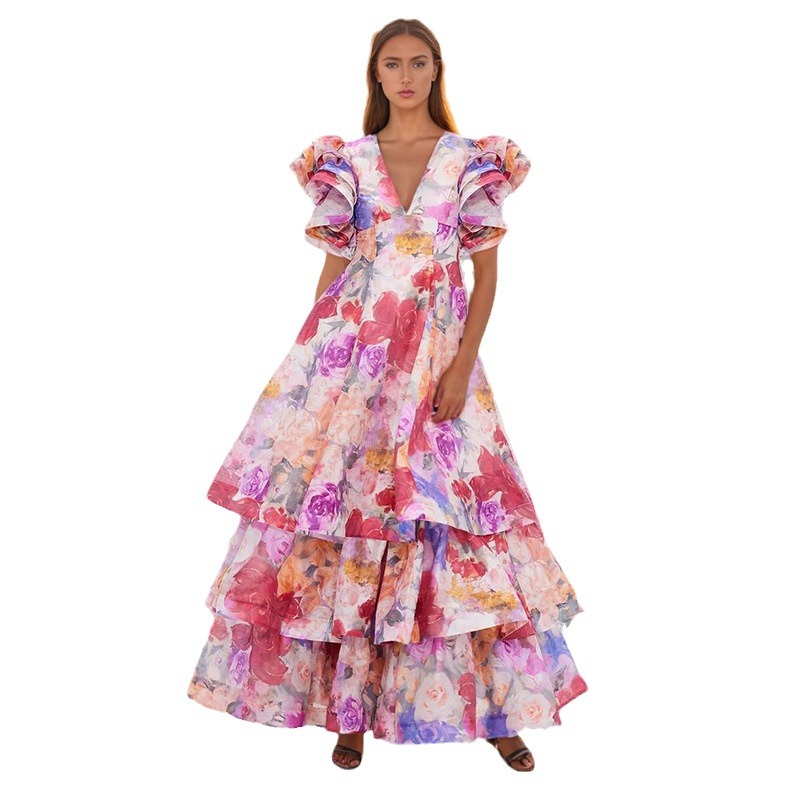 Multilayer printing summer V-neck long fashion dress