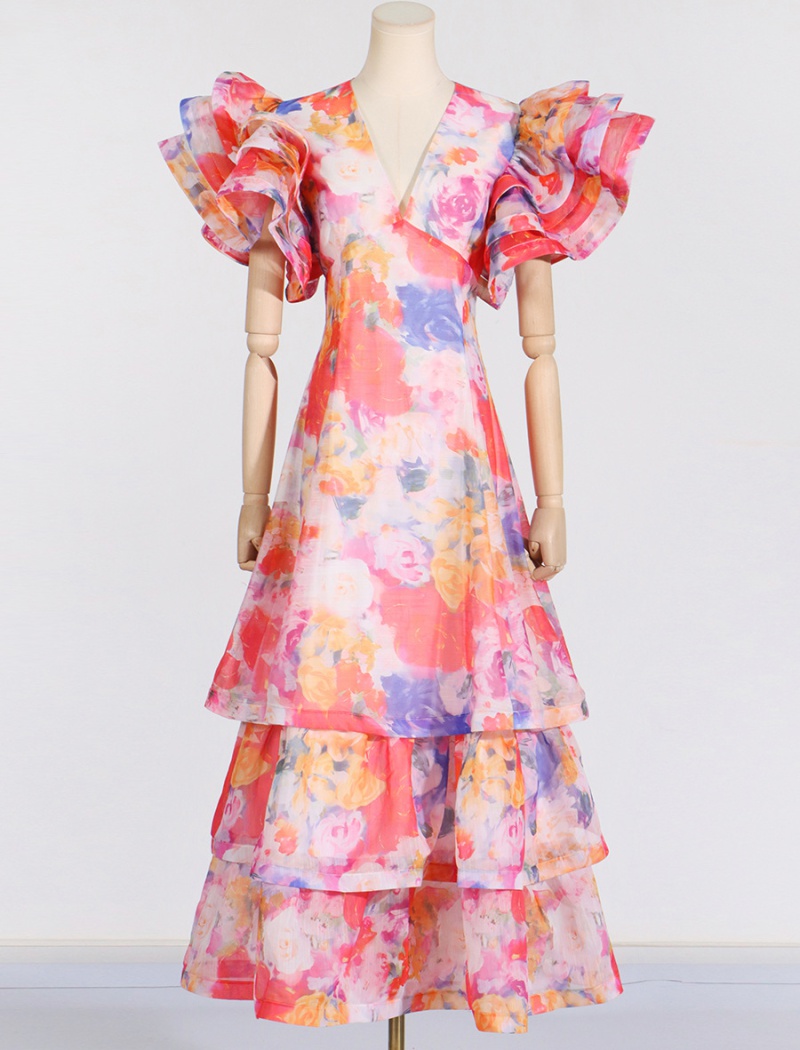 Multilayer printing summer V-neck long fashion dress