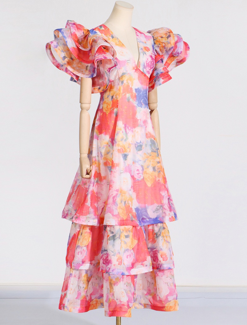 Multilayer printing summer V-neck long fashion dress