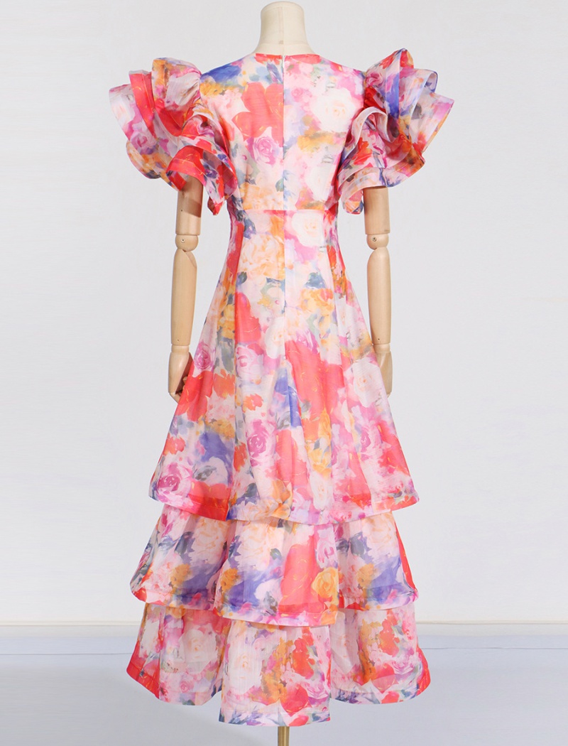 Multilayer printing summer V-neck long fashion dress