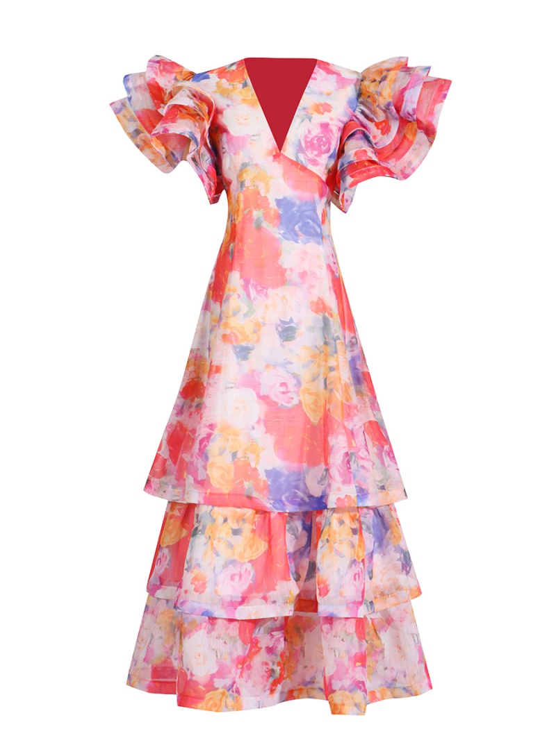 Multilayer printing summer V-neck long fashion dress