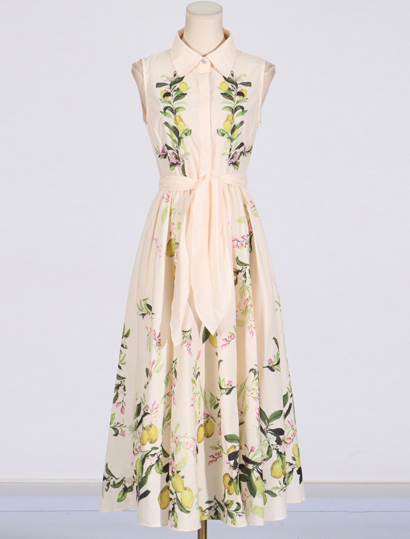 Retro printing belt France style sleeveless dress