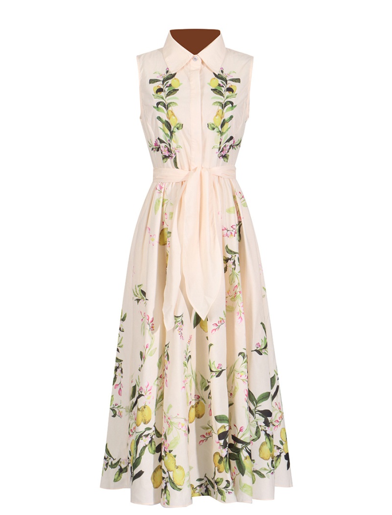 Retro printing belt France style sleeveless dress