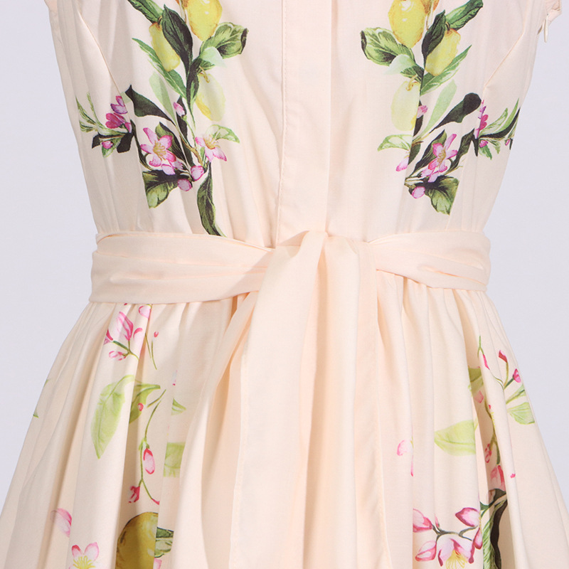 Retro printing belt France style sleeveless dress