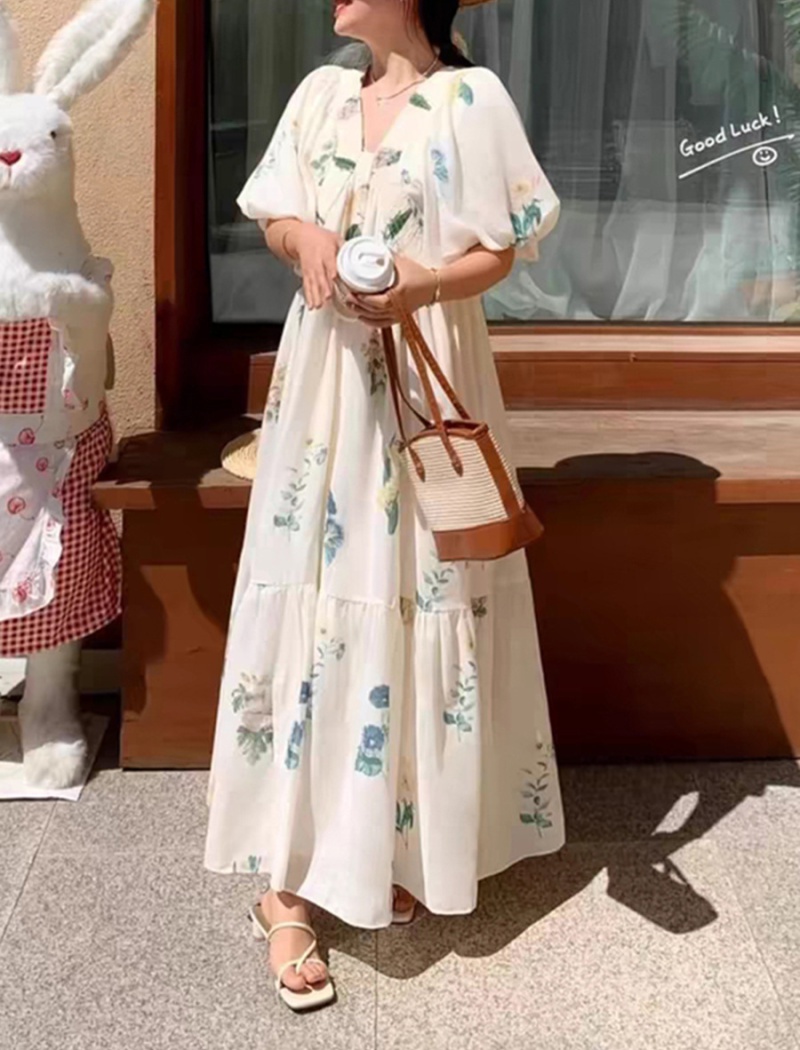 Summer high waist France style puff sleeve dress for women