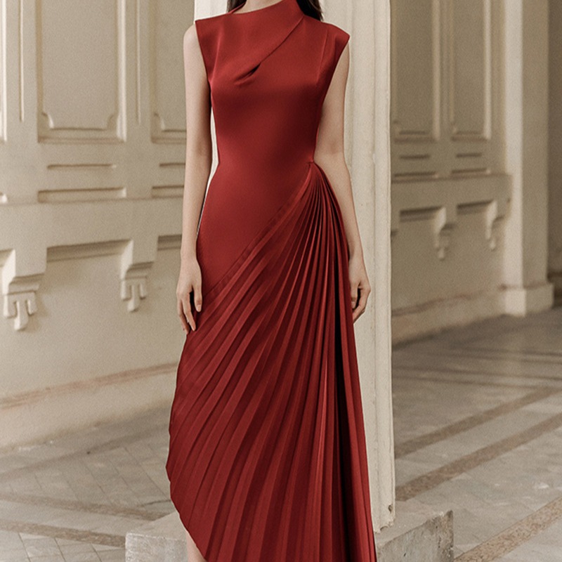 Wine-red winter evening dress spring irregular dress