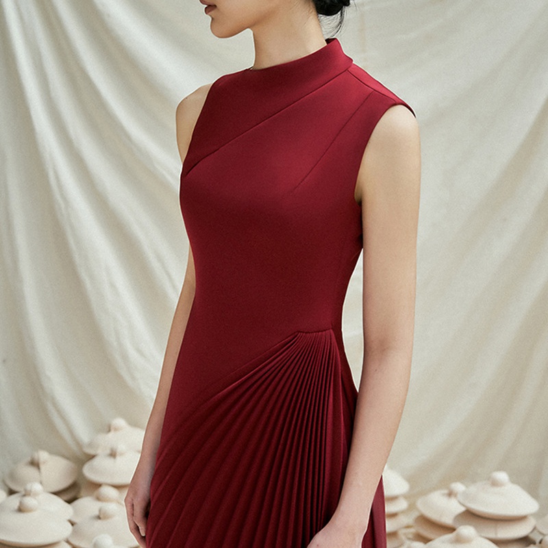 Wine-red winter evening dress spring irregular dress