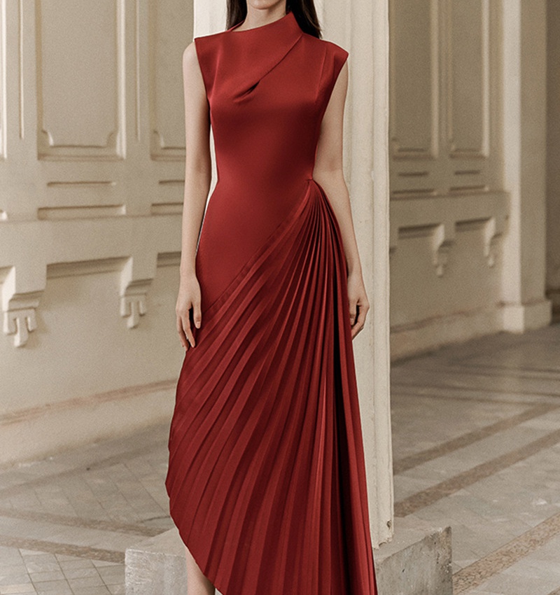 Wine-red winter evening dress spring irregular dress