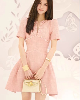 Chanelstyle cherry temperament ladies pink A-line dress