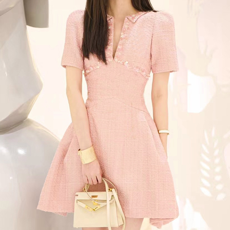 Chanelstyle cherry temperament ladies pink A-line dress