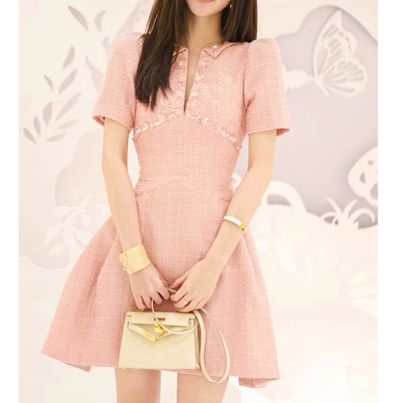 Chanelstyle cherry temperament ladies pink A-line dress