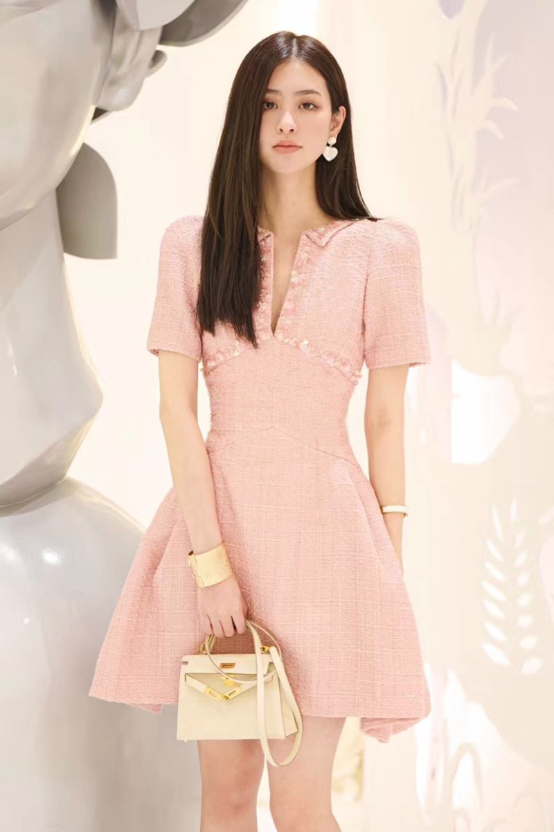 Chanelstyle cherry temperament ladies pink A-line dress