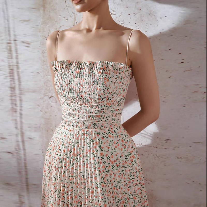 Tender sweet France style T-back pleated floral dress