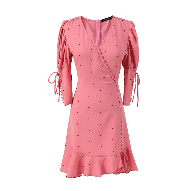 Lotus leaf edges pink vacation France style polka dot dress