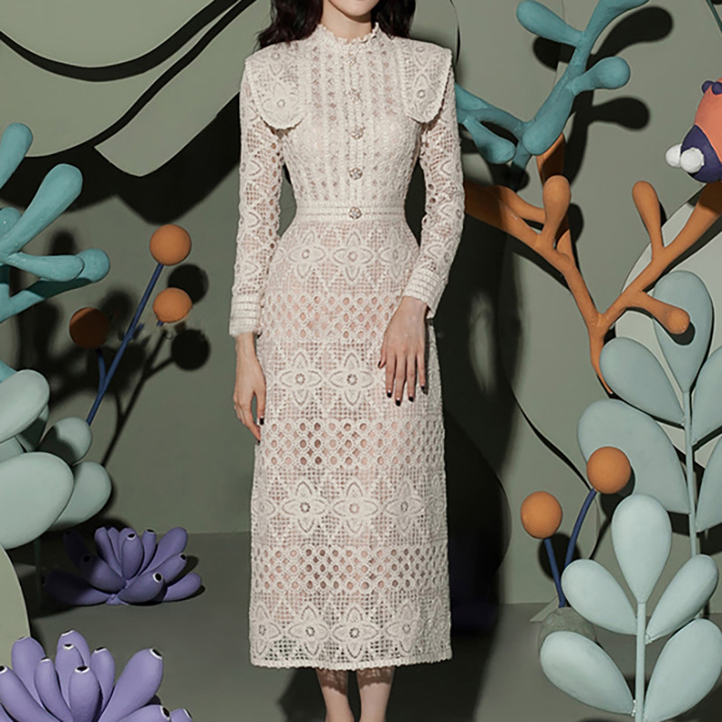 Spring hollow long sleeve long dress niche lace dress