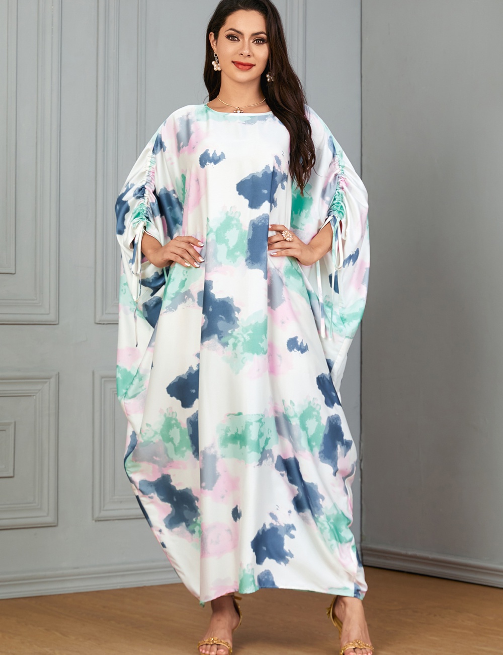 Printing long dress bat sleeve robe