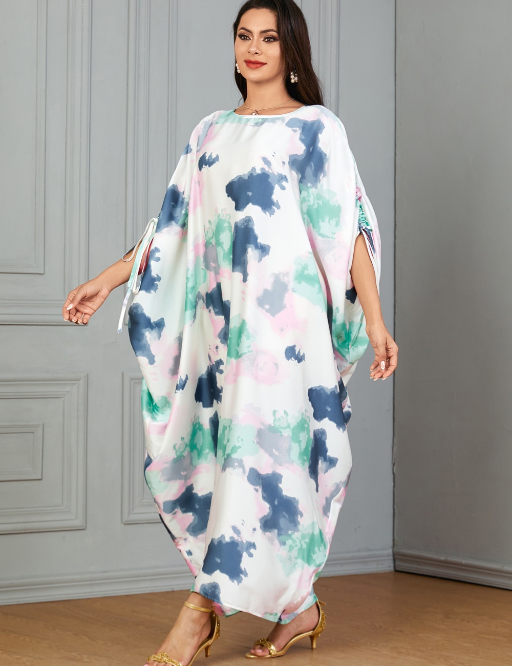 Printing long dress bat sleeve robe