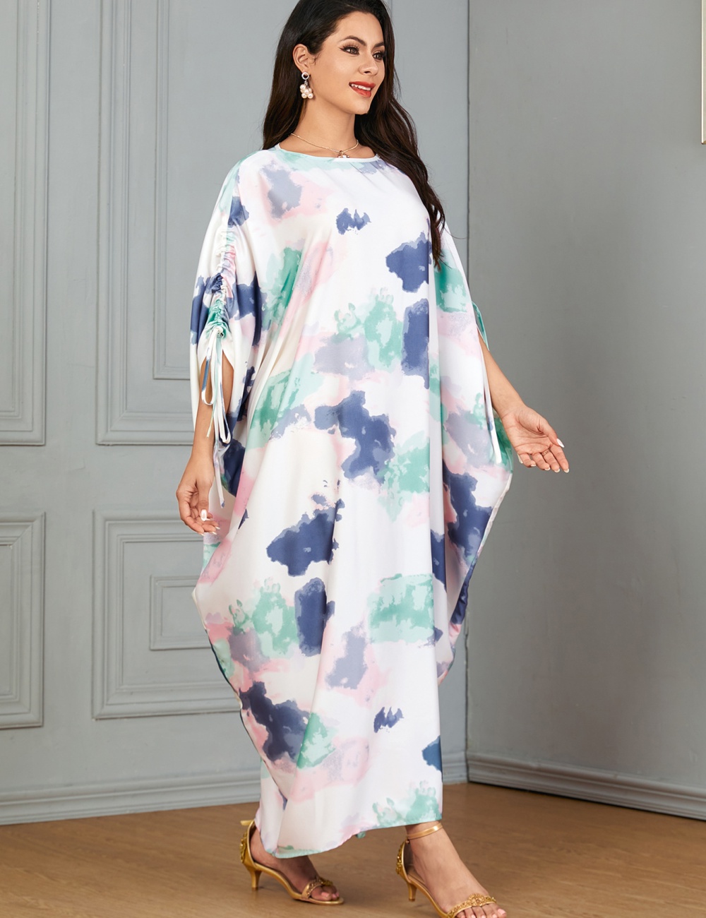 Printing long dress bat sleeve robe