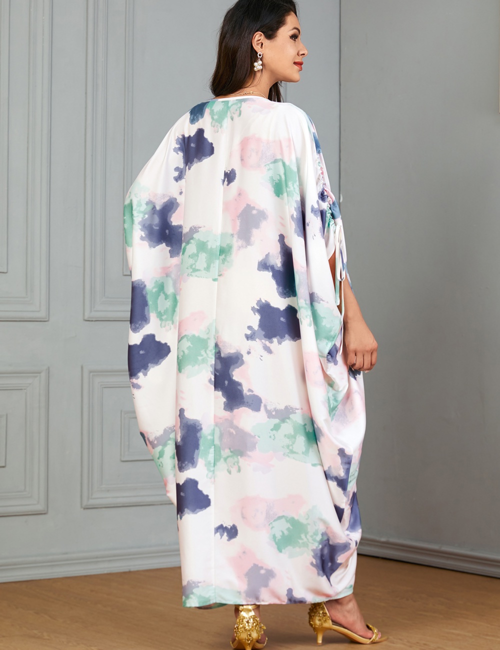 Printing long dress bat sleeve robe