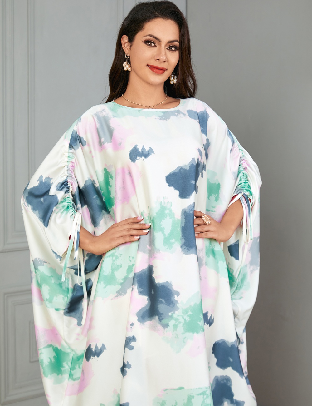 Printing long dress bat sleeve robe