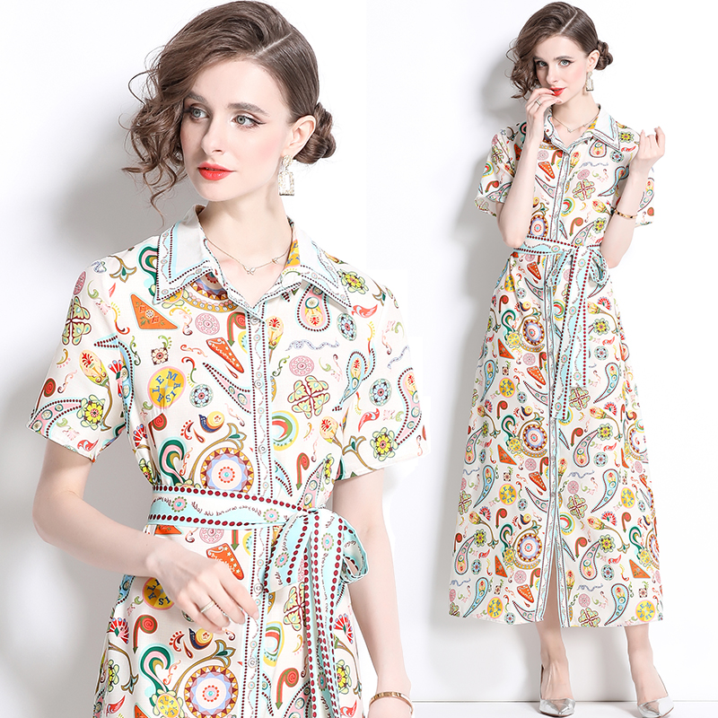 Printing long slim shirt short sleeve summer dress