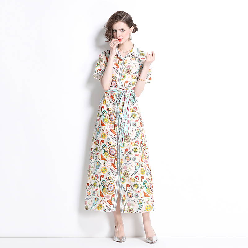 Printing long slim shirt short sleeve summer dress