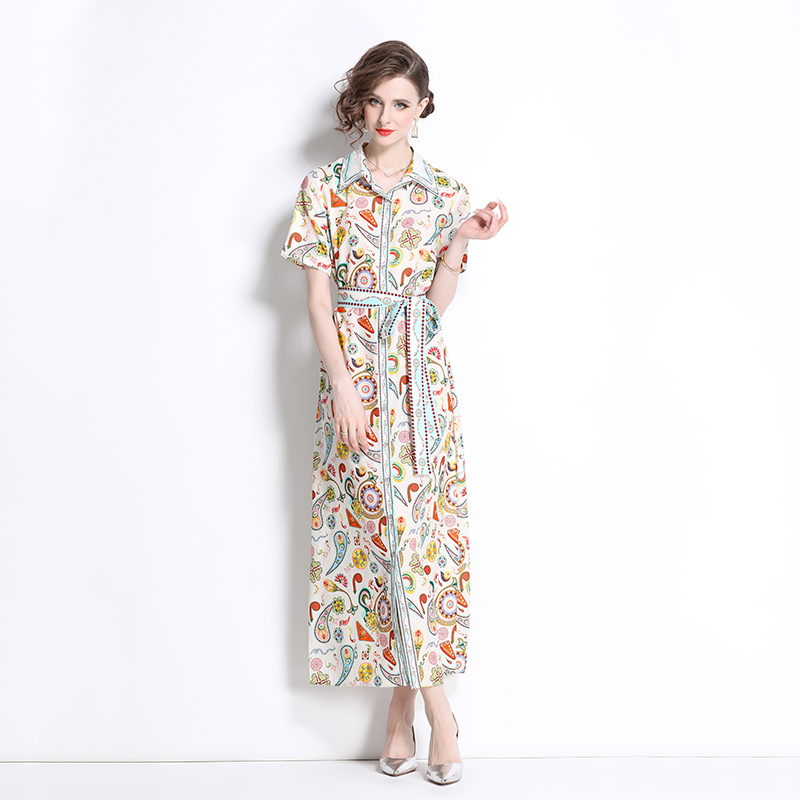 Printing long slim shirt short sleeve summer dress