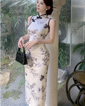 Long slim cheongsam retro printing dress