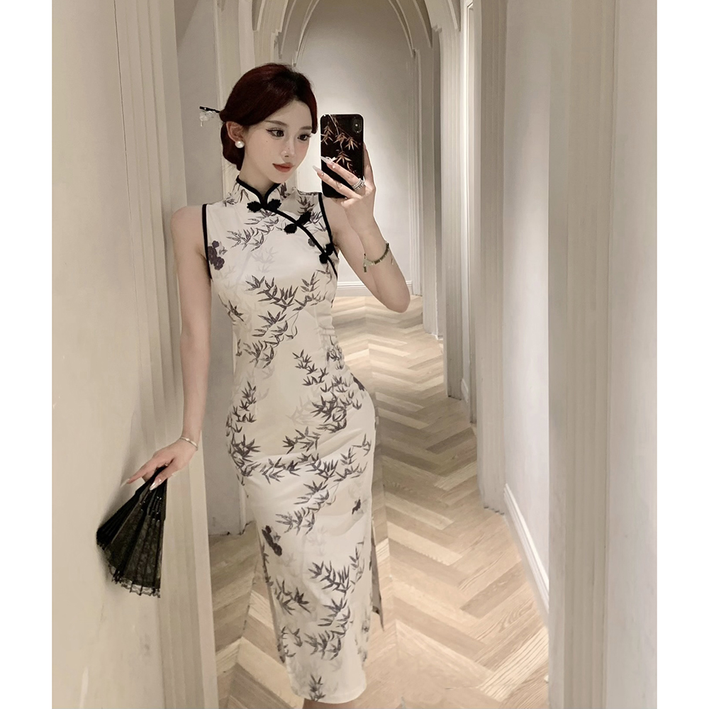 Long slim cheongsam retro printing dress