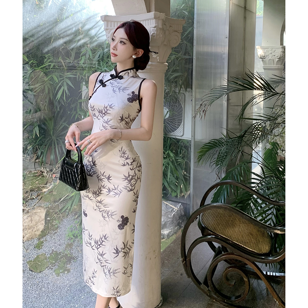 Long slim cheongsam retro printing dress