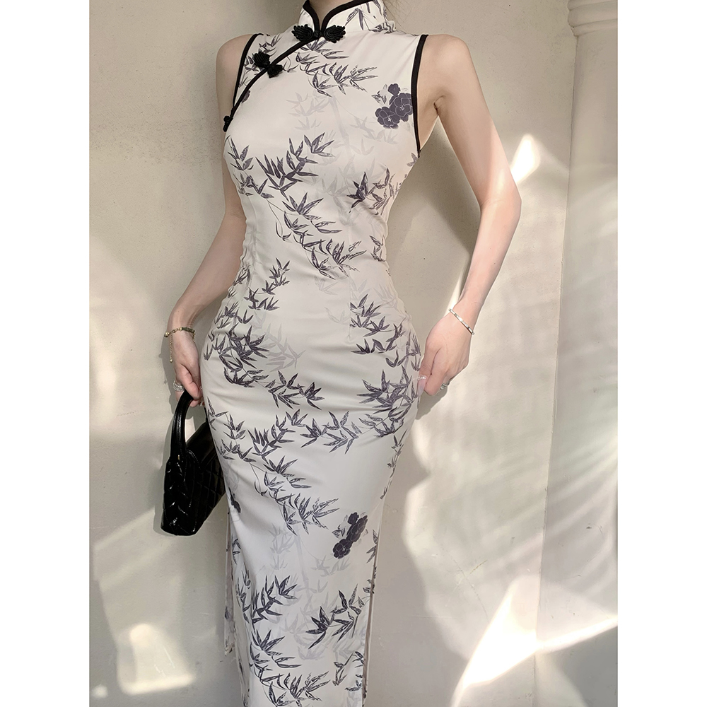 Long slim cheongsam retro printing dress