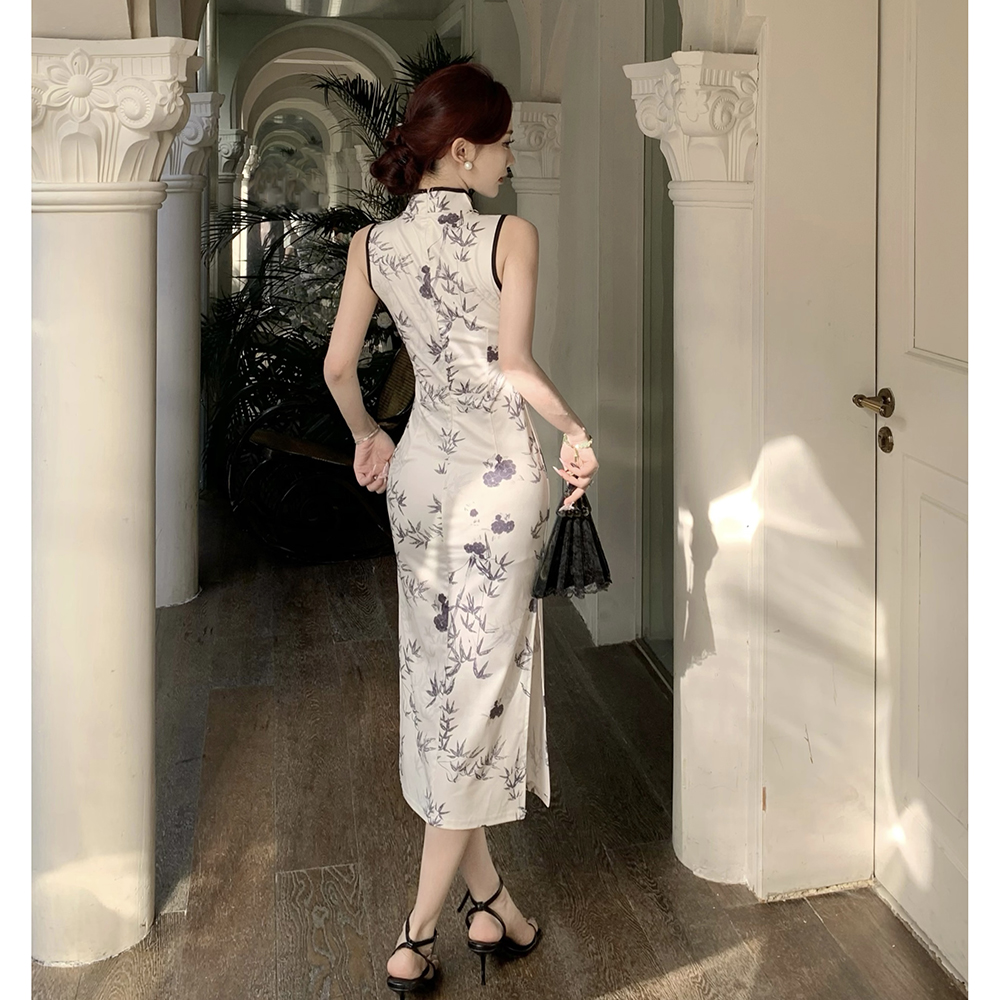 Long slim cheongsam retro printing dress