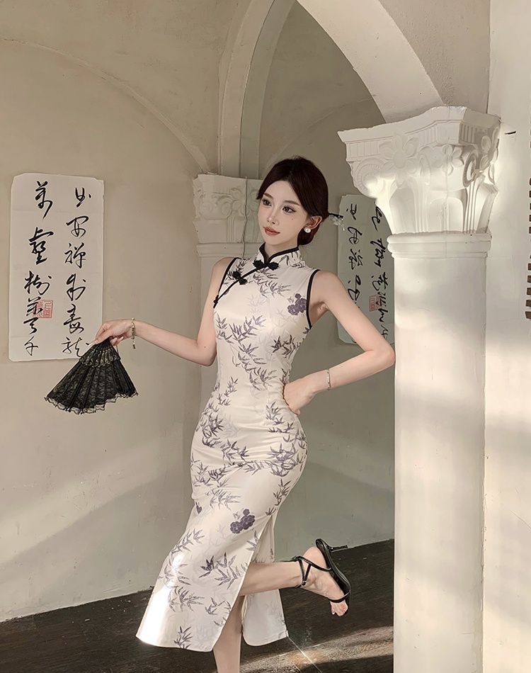 Long slim cheongsam retro printing dress