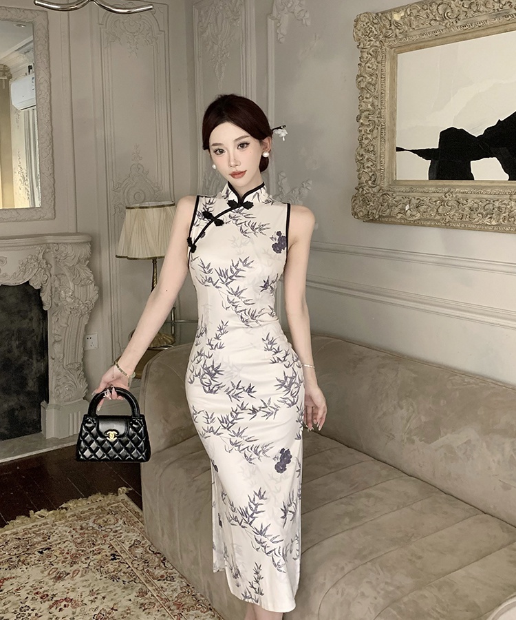 Long slim cheongsam retro printing dress