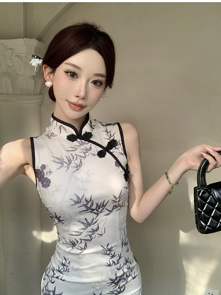 Long slim cheongsam retro printing dress