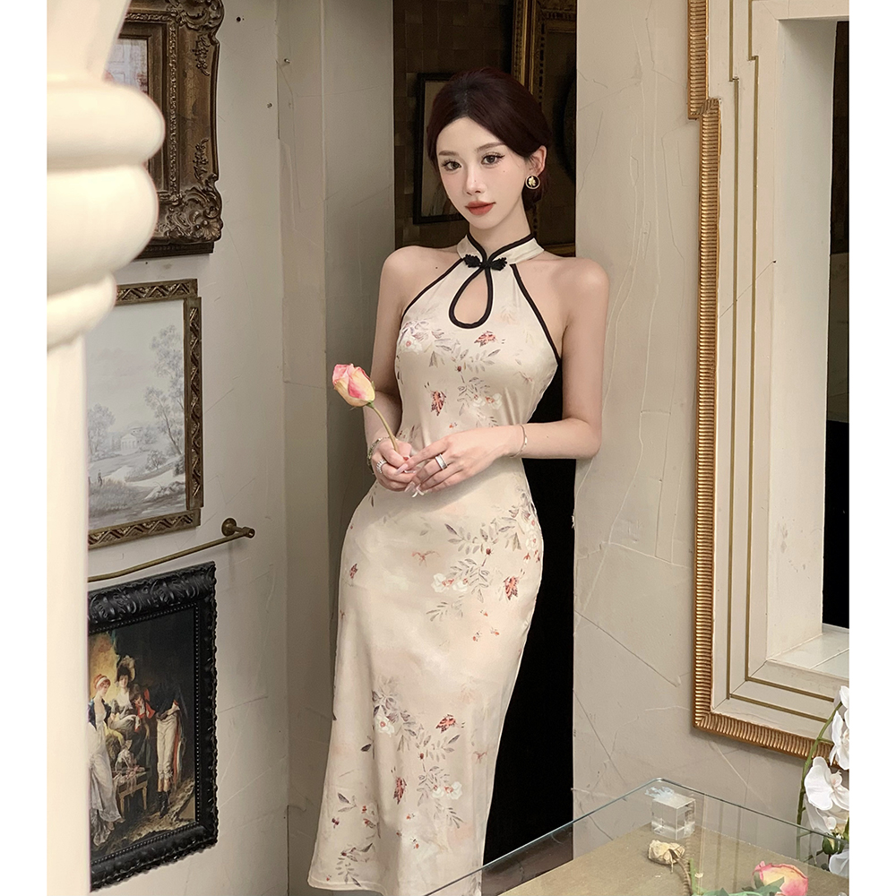 Retro slim cheongsam temperament halter dress for women