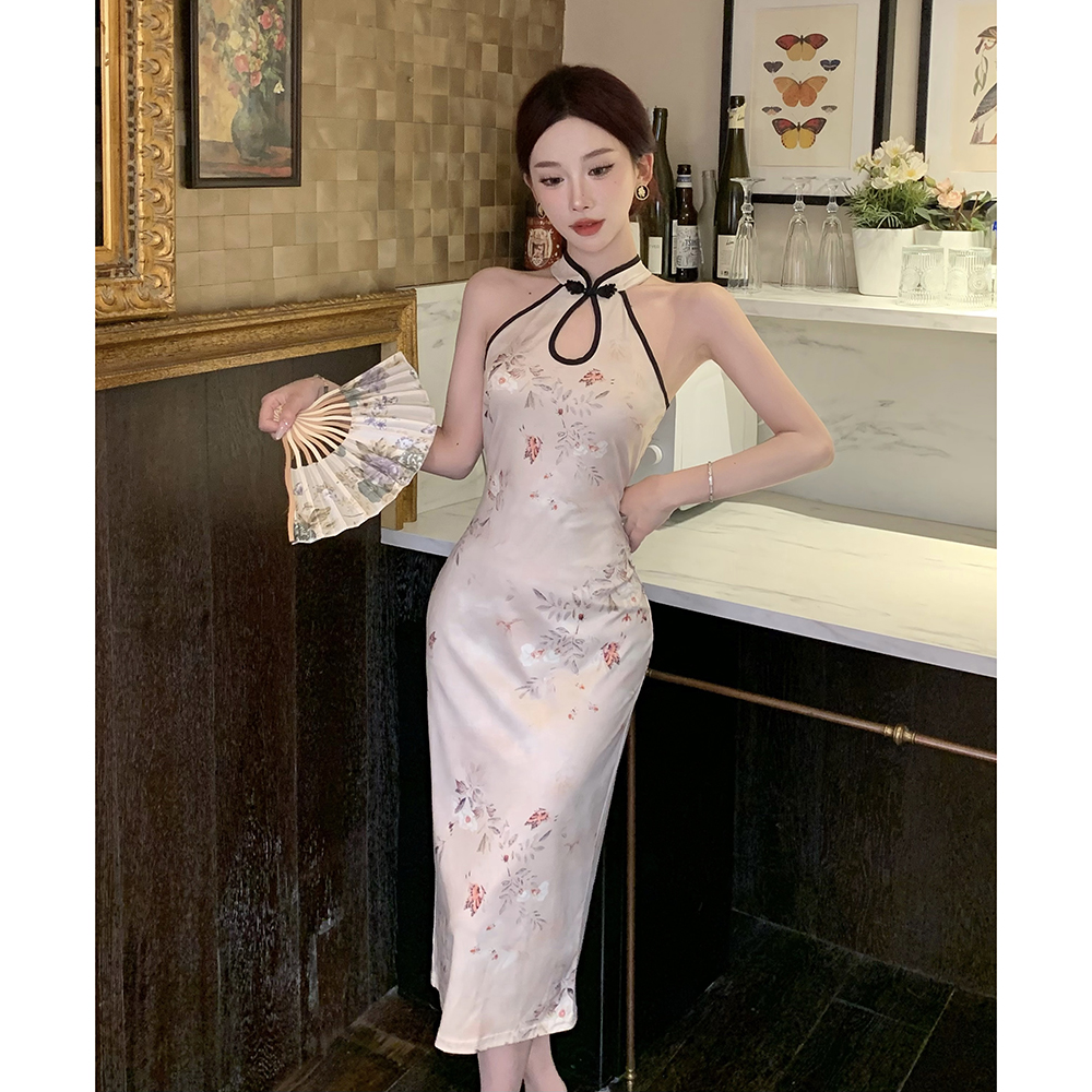 Retro slim cheongsam temperament halter dress for women