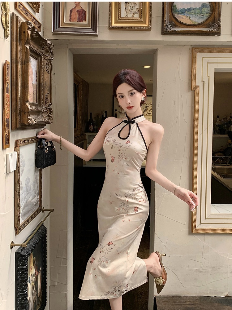 Retro slim cheongsam temperament halter dress for women