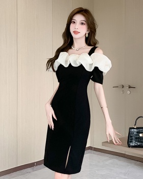 Split summer flat shoulder lace sling dress for women