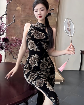 Retro long dress slim flowers cheongsam for women