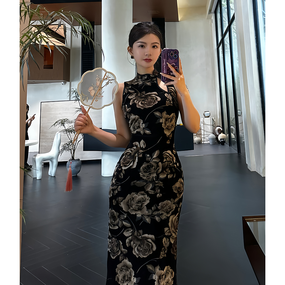 Retro long dress slim flowers cheongsam for women