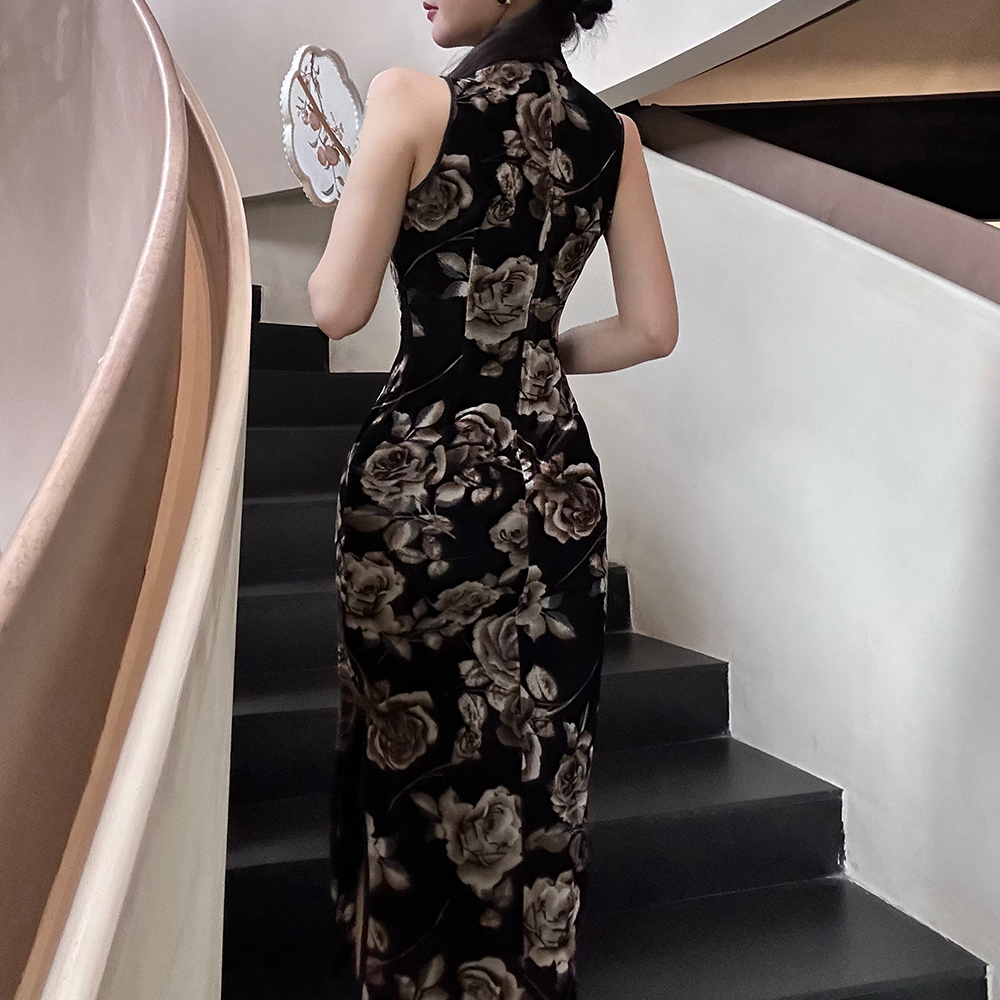 Retro long dress slim flowers cheongsam for women