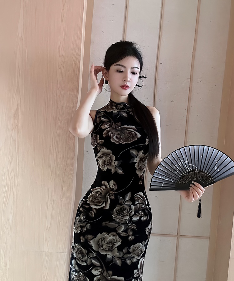 Retro long dress slim flowers cheongsam for women