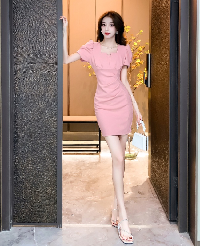 Slim simple small fellow pinched waist dress