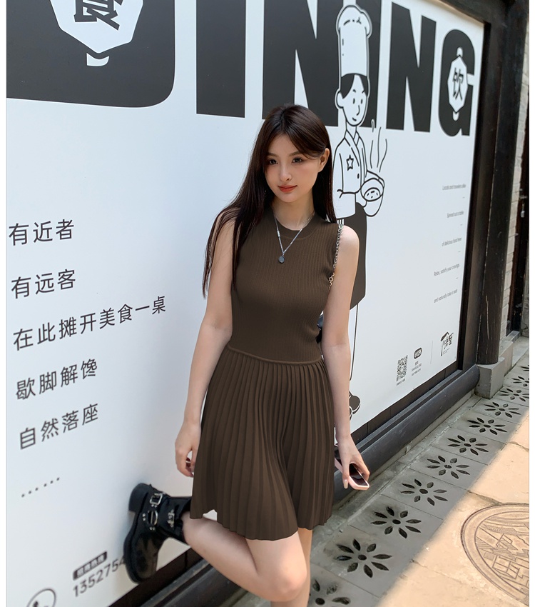 Slim small fellow vest gray pleated dress for women