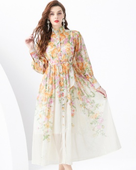 Cstand collar printing pastoral style) dress 2pcs set