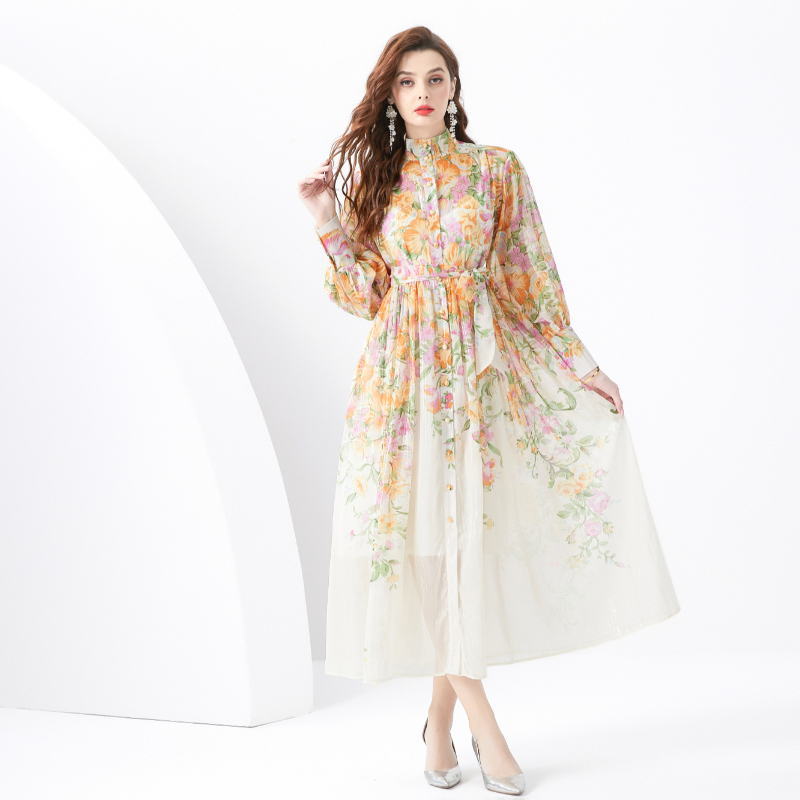 Cstand collar printing pastoral style) dress 2pcs set