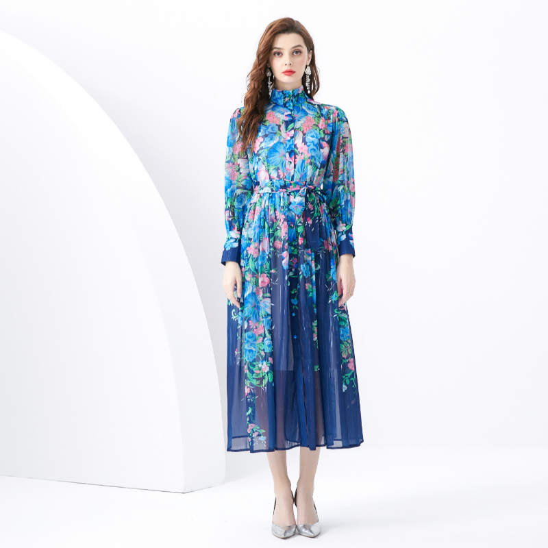 Long pastoral style) printing dress 2pcs set