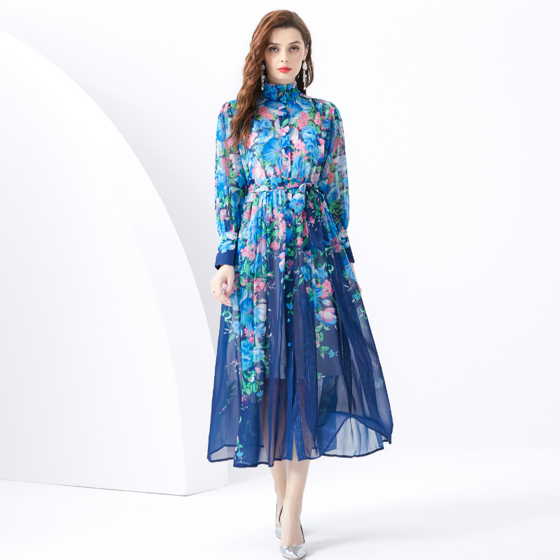 Long pastoral style) printing dress 2pcs set