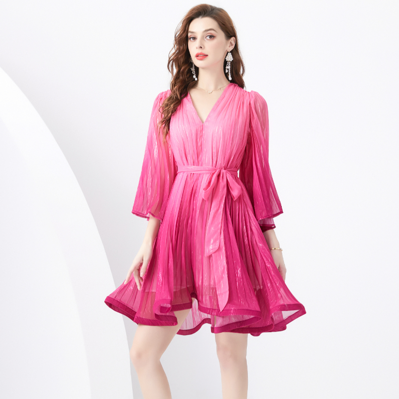 Mini V-neck trumpet sleeves pleated wavy edge dress